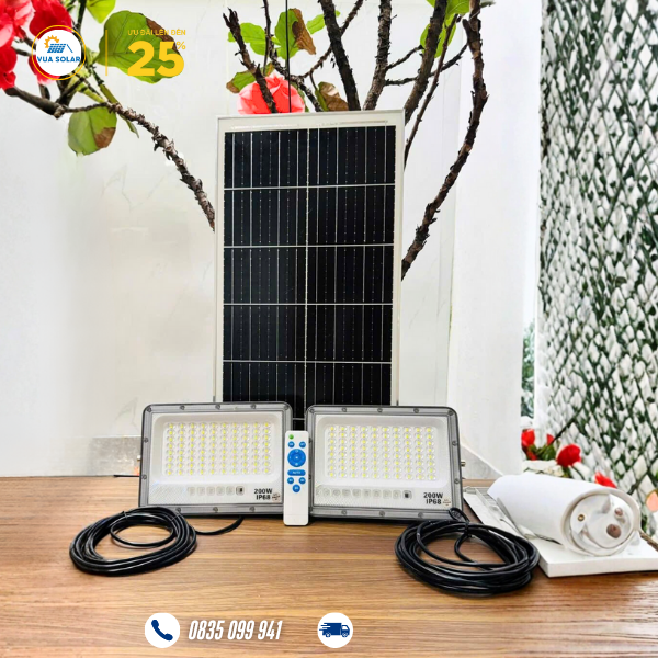 Đèn năng lượng mặt trời 200w 1 tấm pin 2 đèn mắt ngọc
